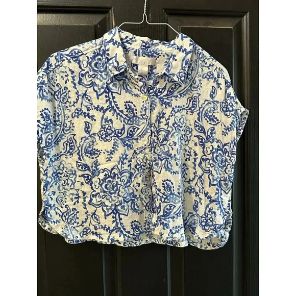 NWT Caroline Constas Blue & White Floral Linen Blend Cropped Top Size Large - Picture 1 of 6